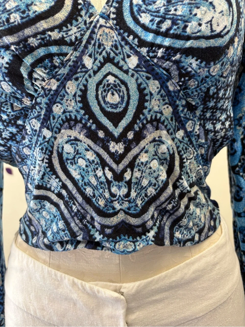Free People Blue Paisley V-Neck Long Sleeve Top XS